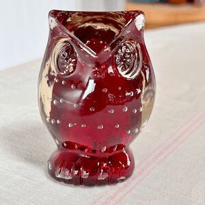 Lefton Owl Paper Weight Figurine in Red Color with Controlled Bubbles